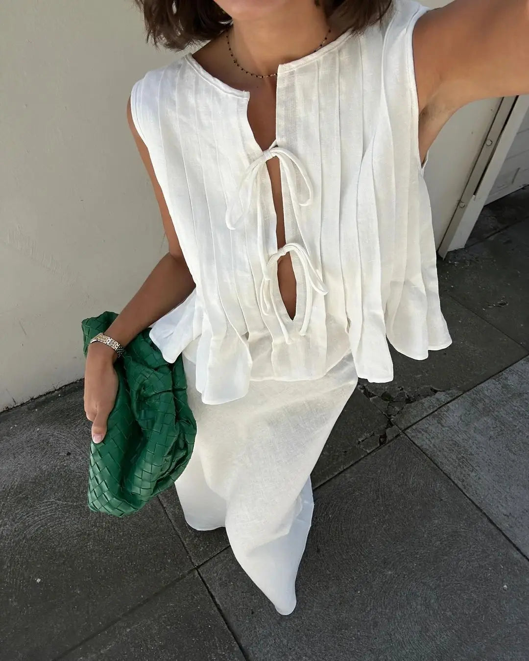 Ensemble deux pièces en coton lin jupe longue et gilet sans manches à lacets pour femmes