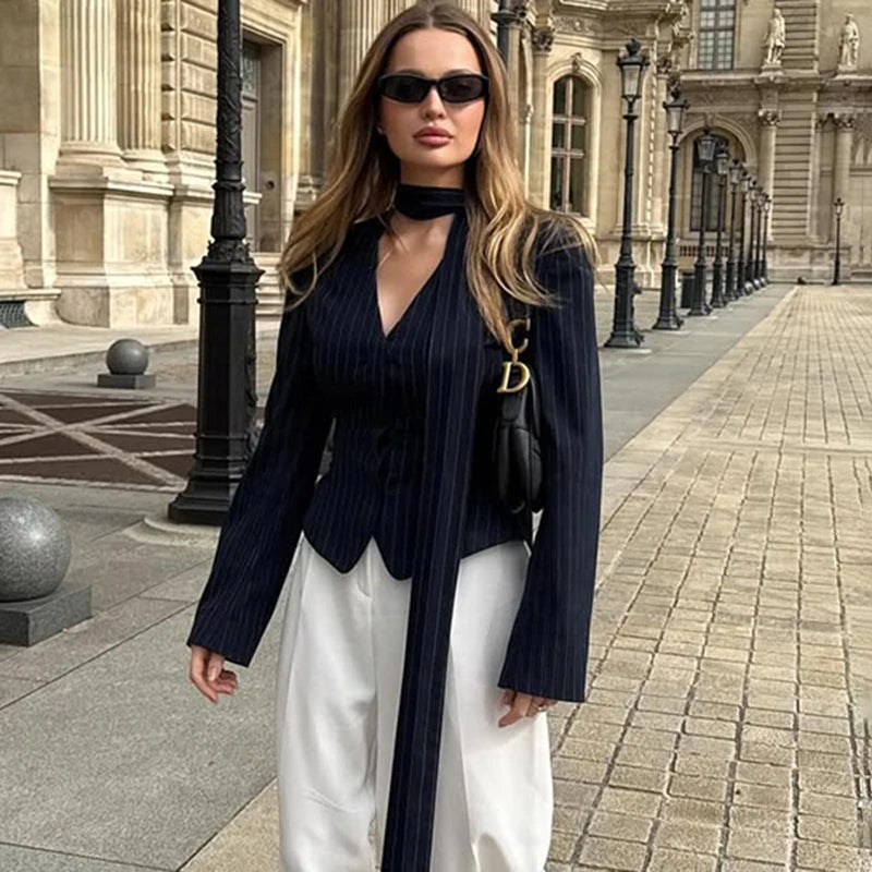 Blazer rayé imprimé à manches longues pour femmes