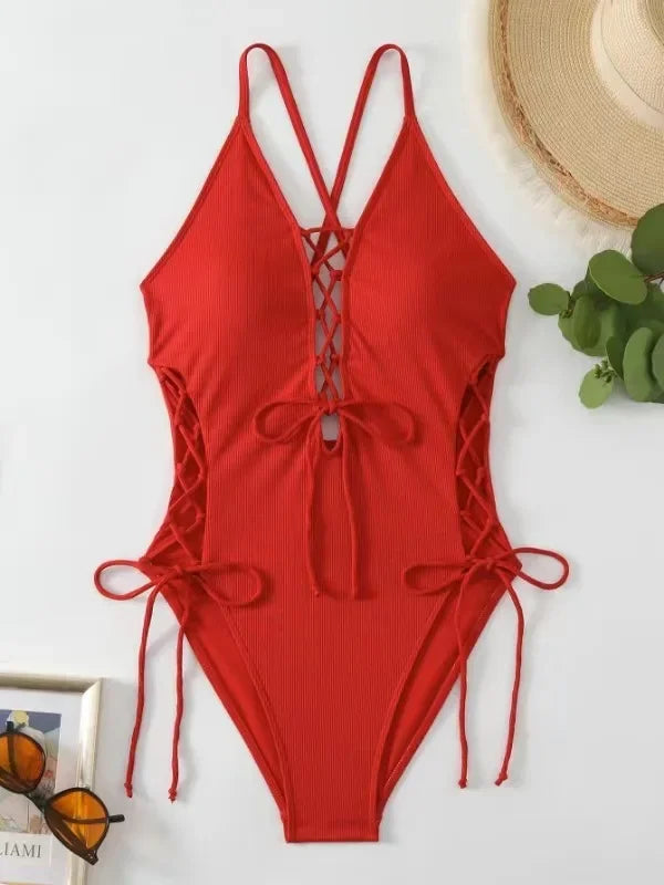 Maillots de bain une pièces col en V profond Push Up pour femmes