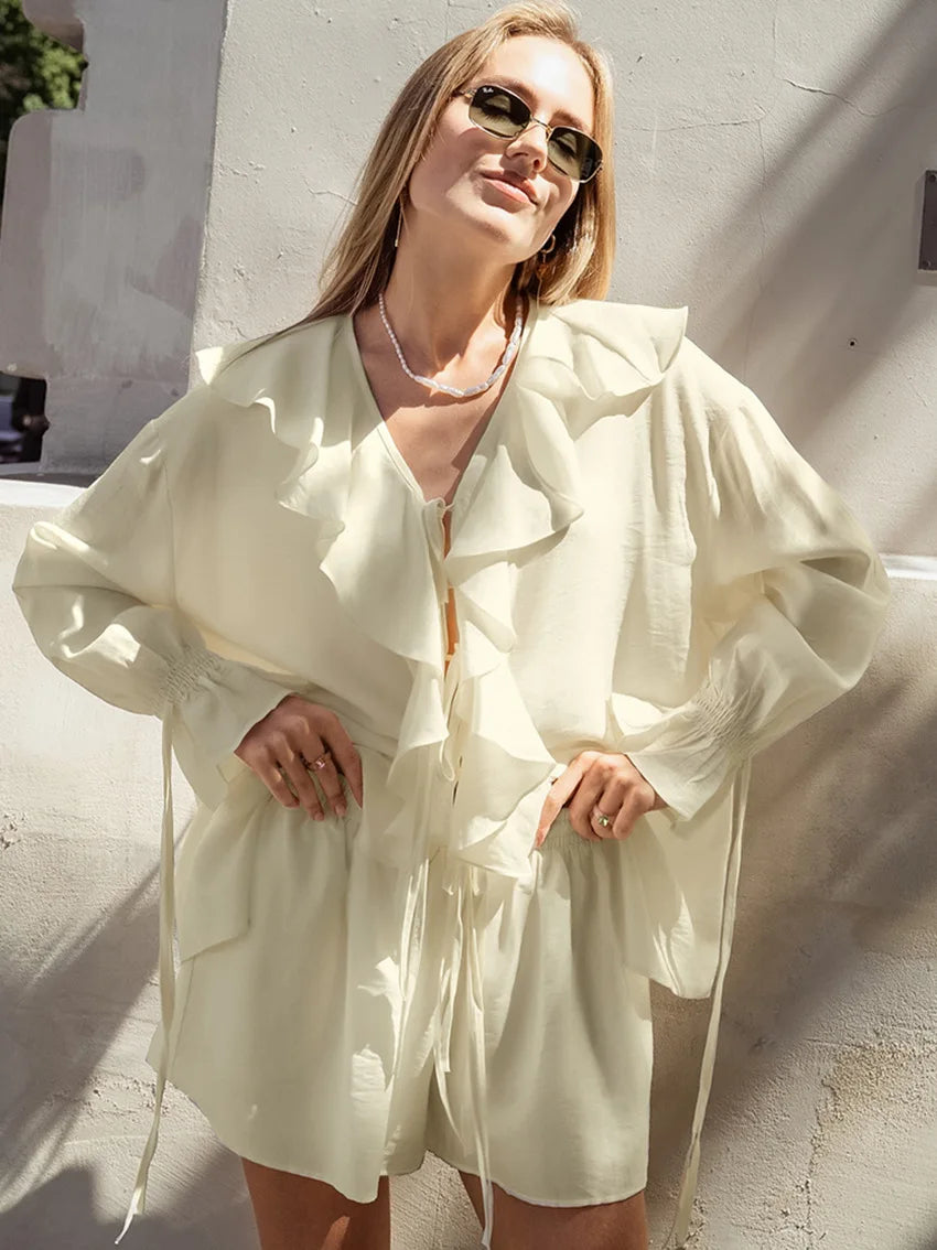 Ensembles deux pièces Cardigan à lacets, petit haut + short pour femmes
