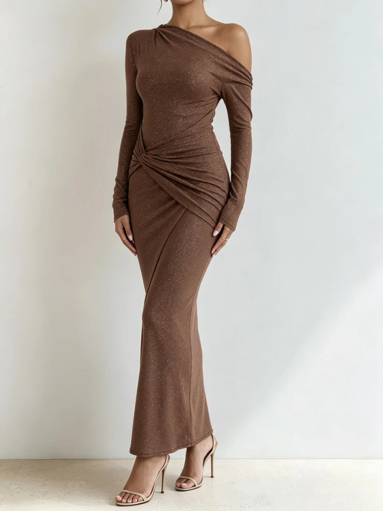 Robe Midi Scintillante Femme – Manches Longues et Épaules Dénudées