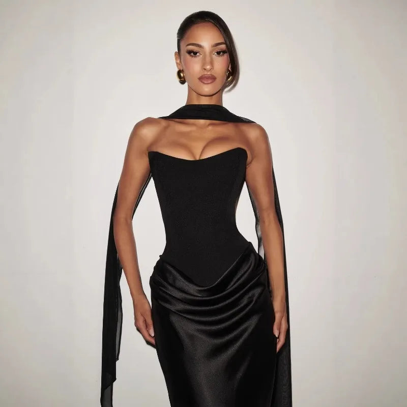 Robe Longue Bustier Plissée Femme – Style Élégant