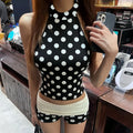 Ensemble deux pièces à pois short, collier et top dos nu contrastant pour femmes