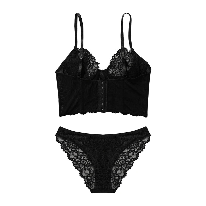 Ensemble de soutien-gorge à armatures en dentelle transparente et culotte assortie pour femmes