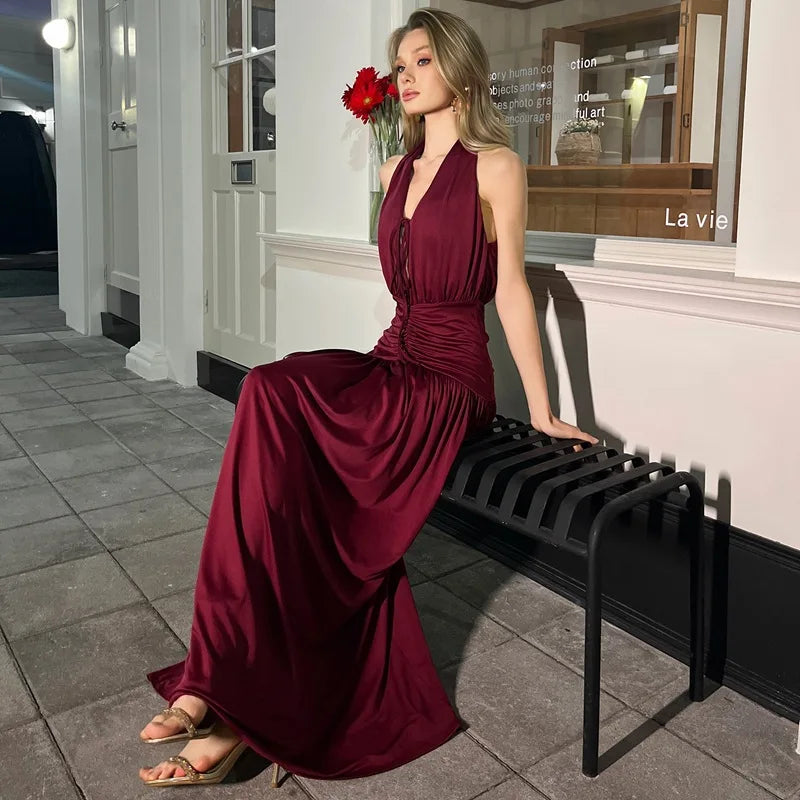 Robe longue dos nu élégante et sexy à col halter pour femmes