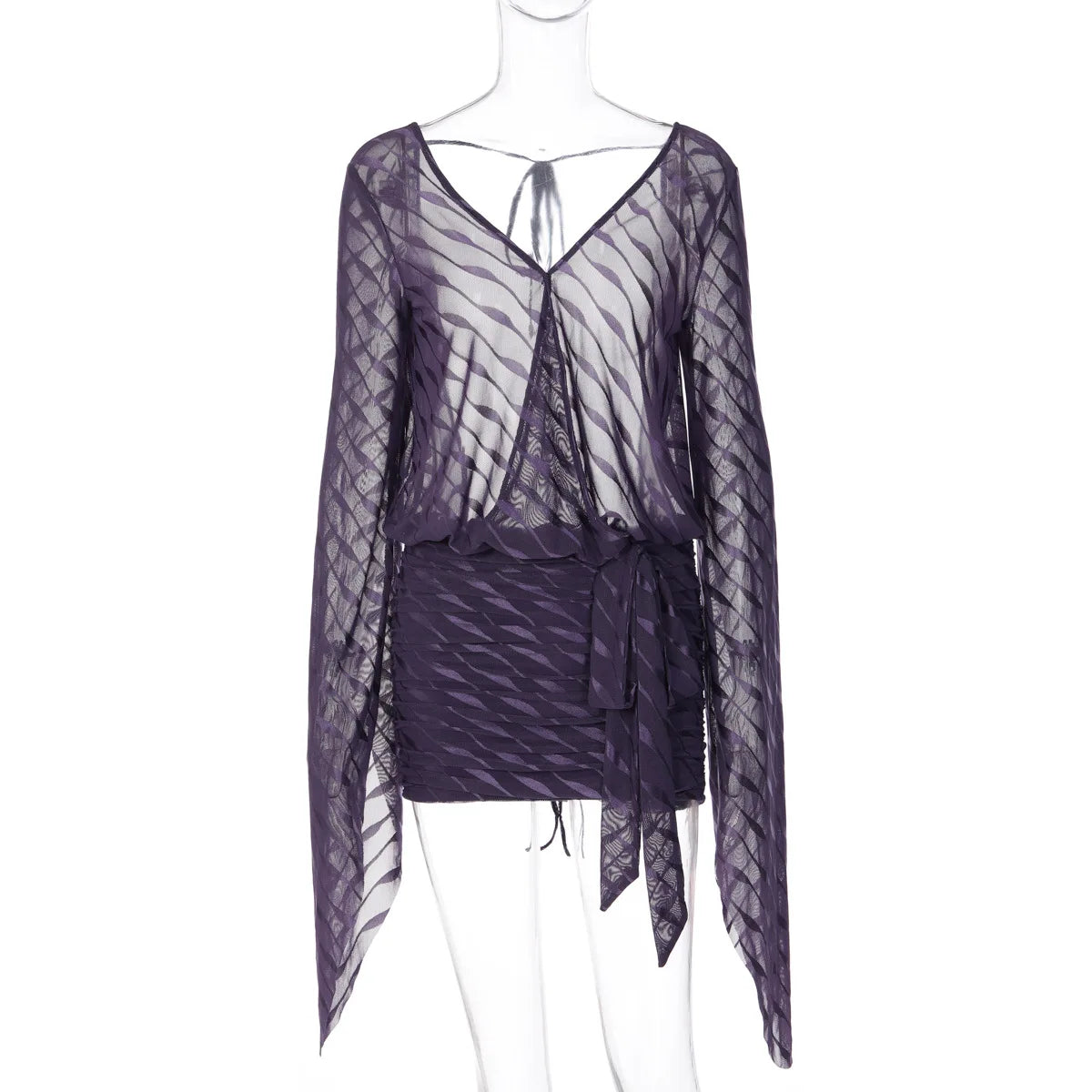 Robe courte à col en V et manches longues pour femmes