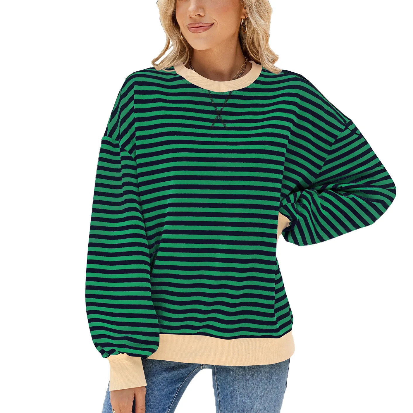 T-shirt à manches longue décontracté ample rayé pour femmes