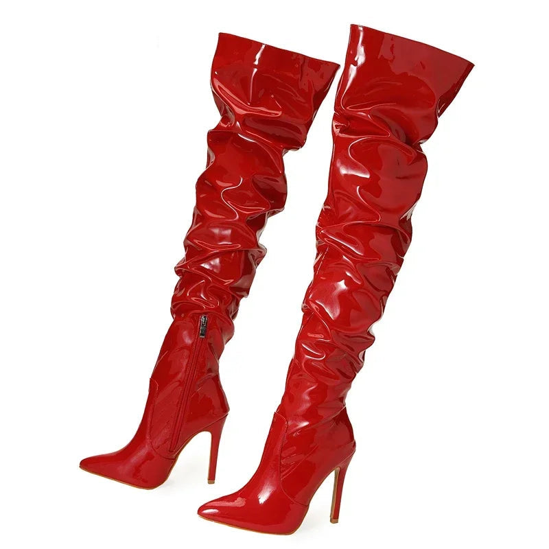 Bottes cuissardes  en cuir verni plissé de haute qualité pour femmes