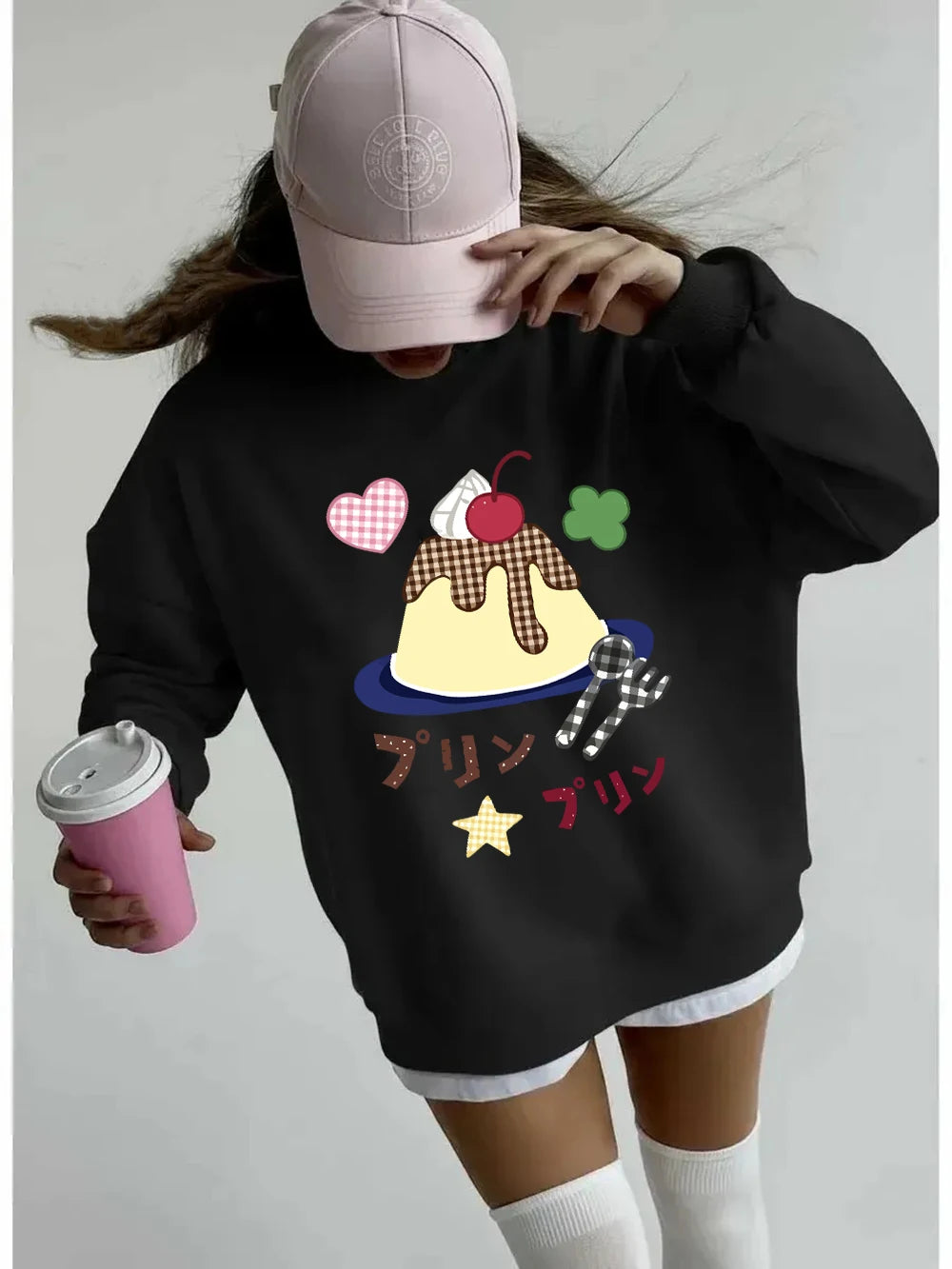 Sweat-shirts à imprimés japonais Caramel Pudding pour femmes