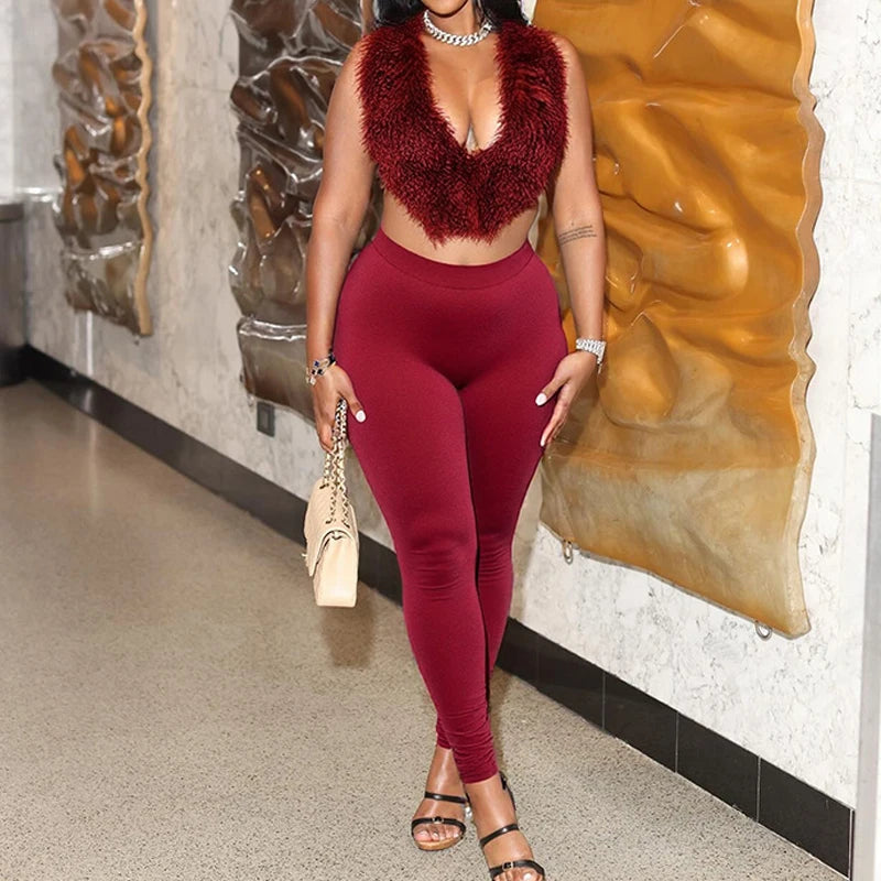 Ensemble femme 2 pièces en fausse fourrure et pantalon ajusté