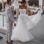 Robe de mariée sirène épaules dénudées à manches bouffantes pour femmes