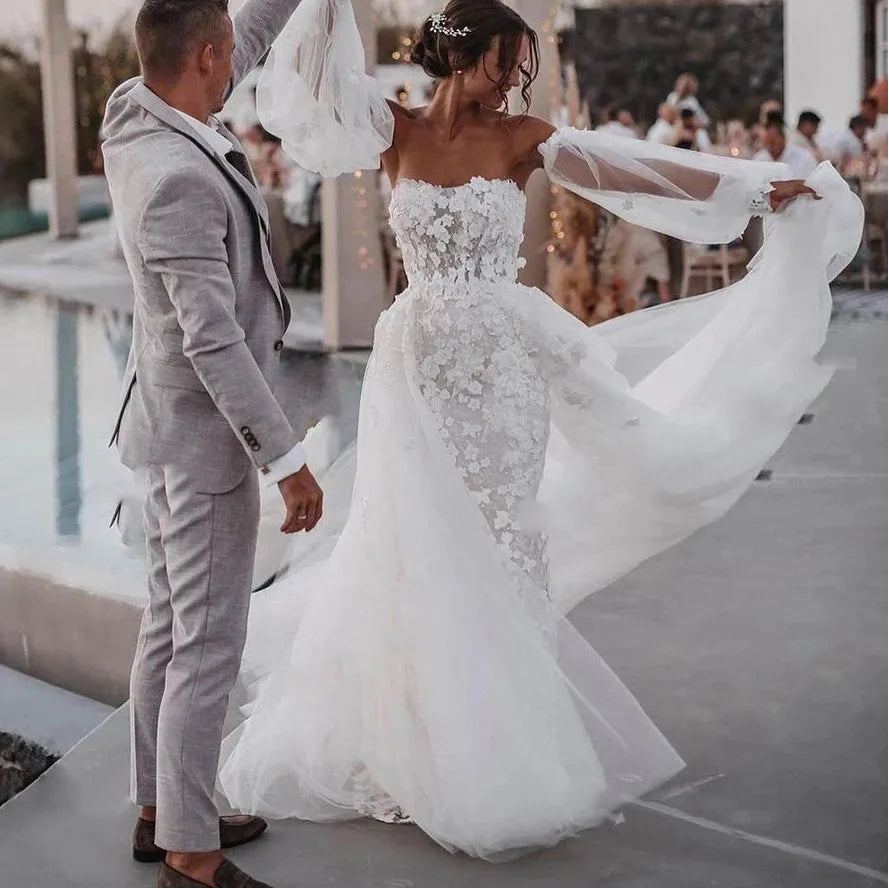 Robe de mariée sirène épaules dénudées à manches bouffantes pour femmes