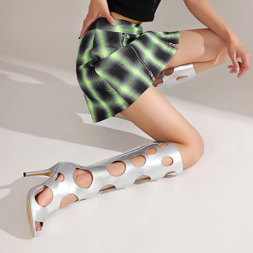 Bottes au genou respirantes avec trou circulaire évidé pour femmes