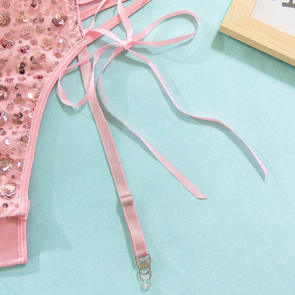 Body rose paillettes moulant pour femmes