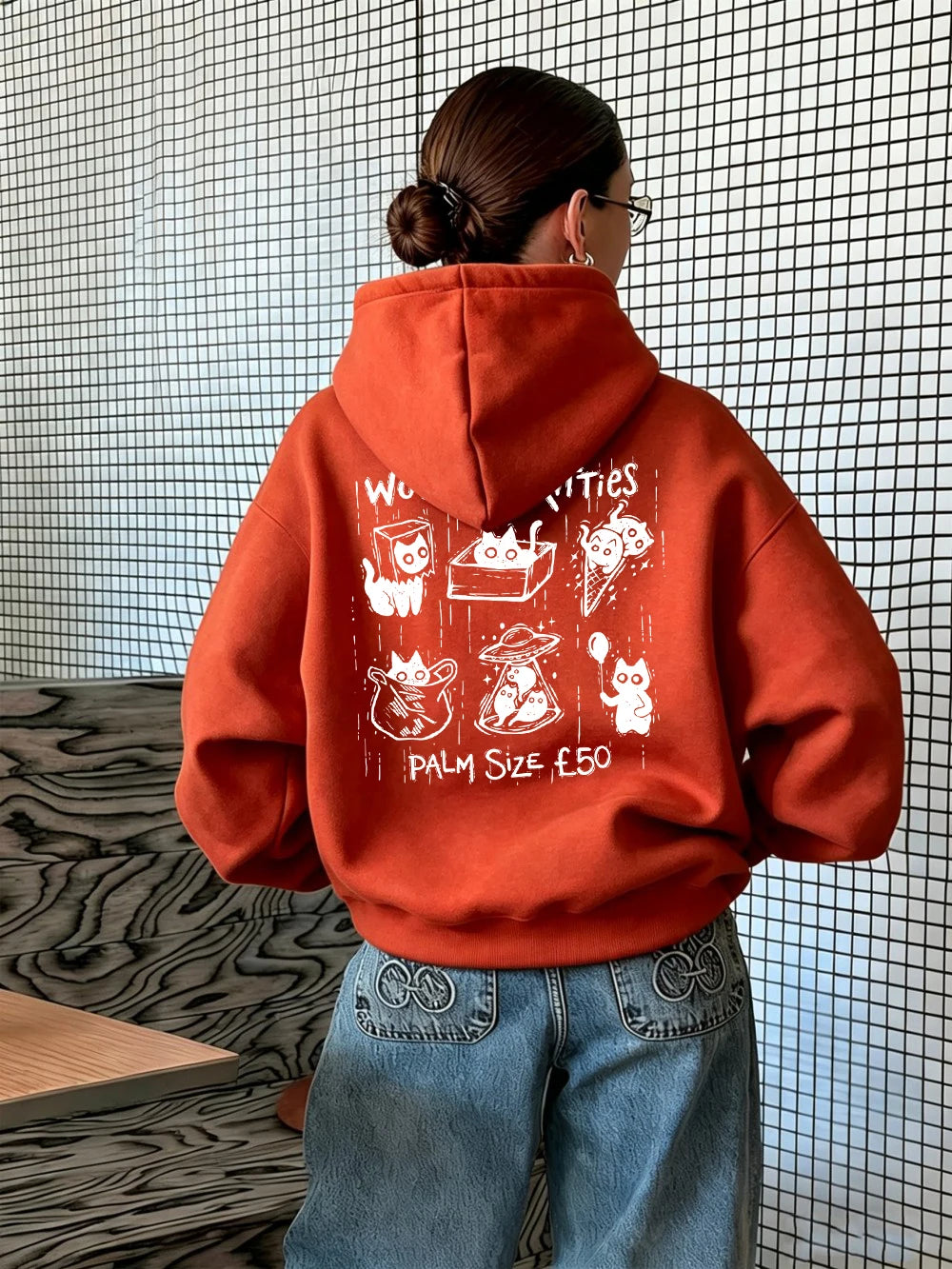 Sweat-shirts à capuche imprimés Woodcut Boxes Pocket Kitties pour femmes