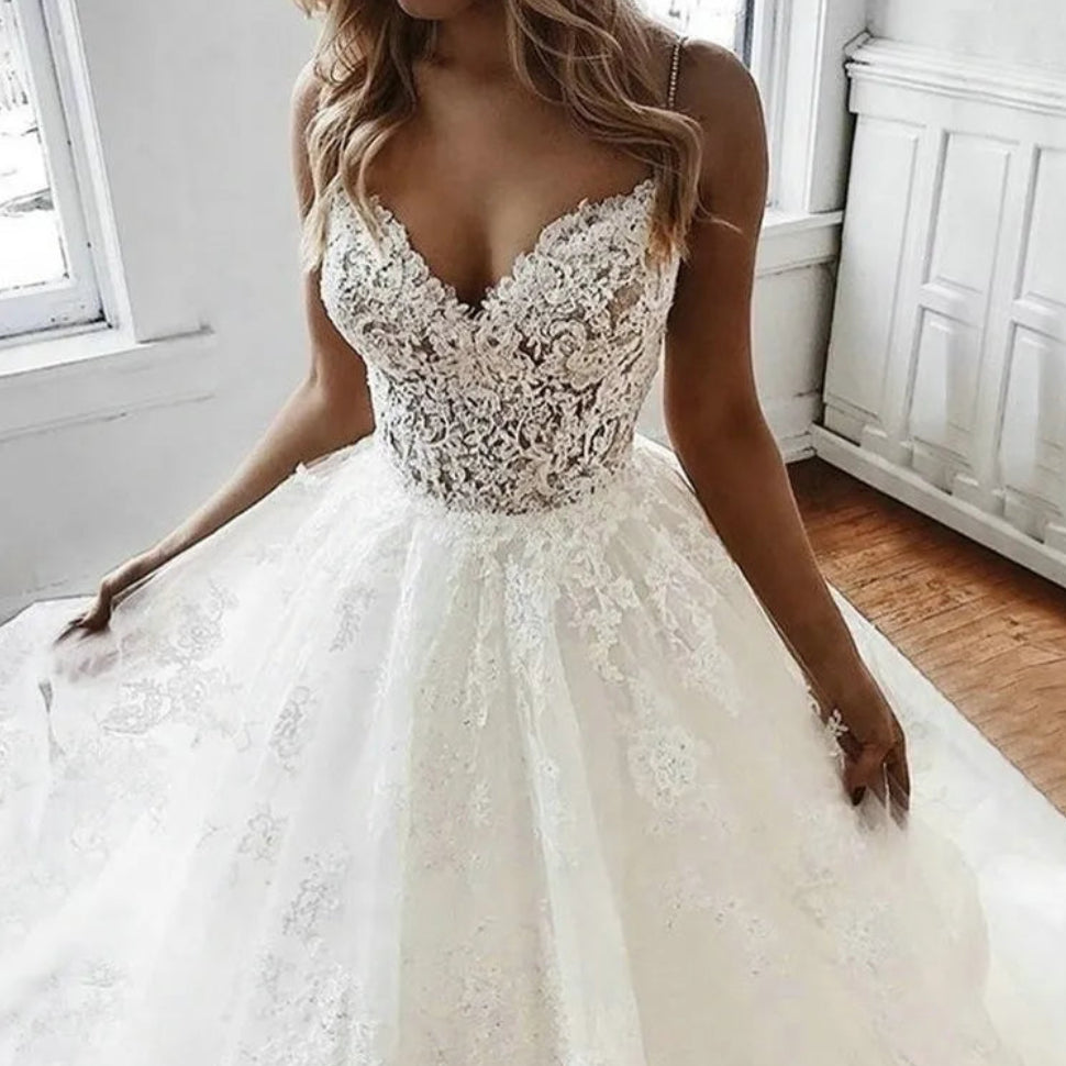 Robe de mariée blanche en tulle et bretelles spaghetti,pour femmes