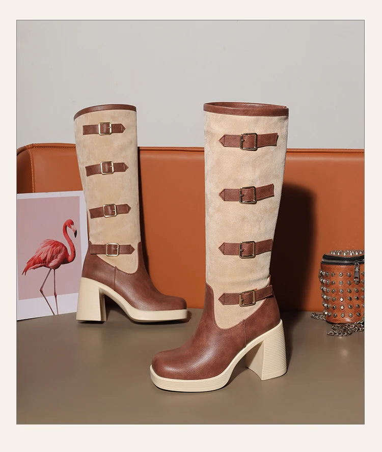 Bottes mi-mollet en PU givré avec boucle de ceinture à cinq rangées et talon ultra-haut pour femmes