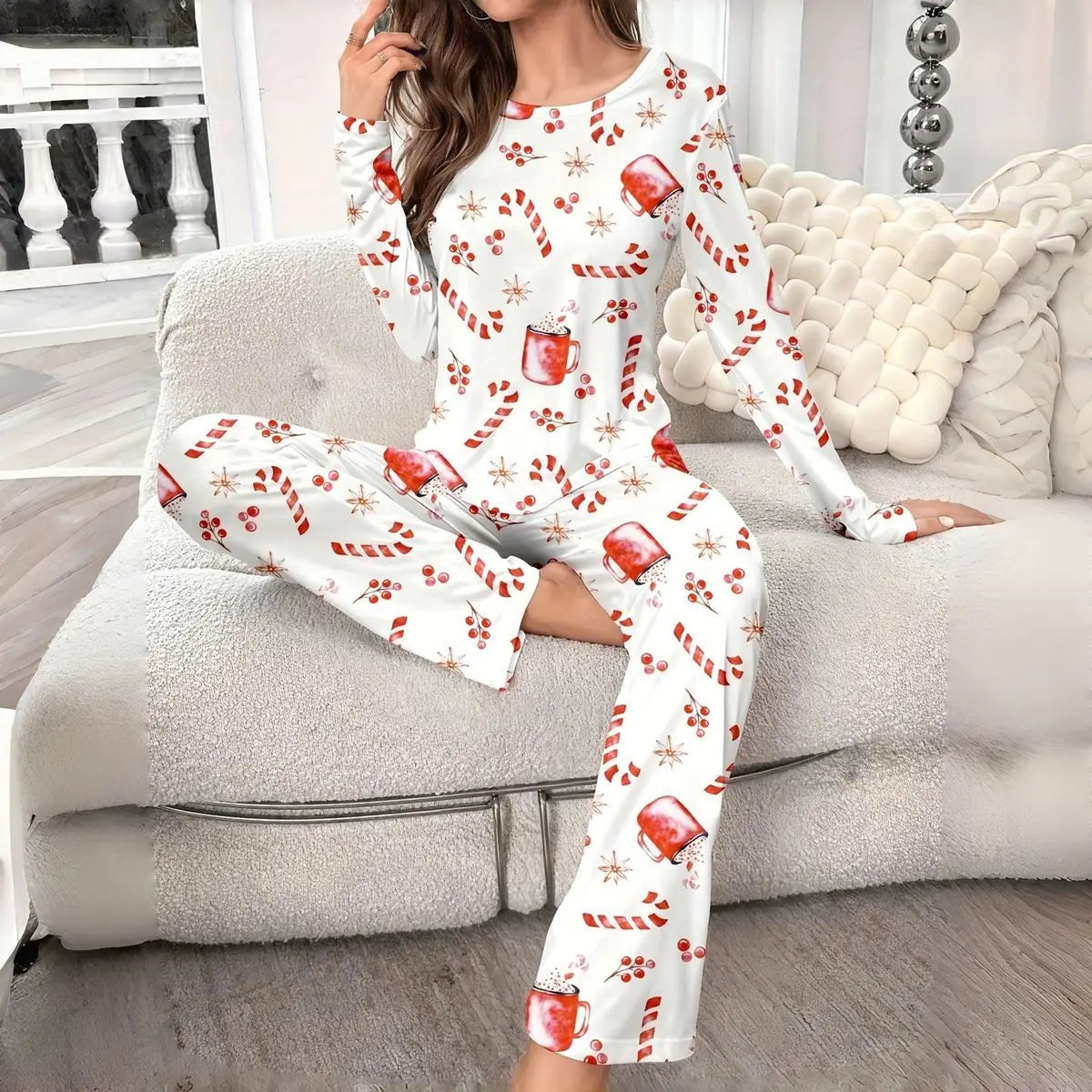 Pyjama de Noël Fleuri Femme – Haut Manches Longues et Pantalon