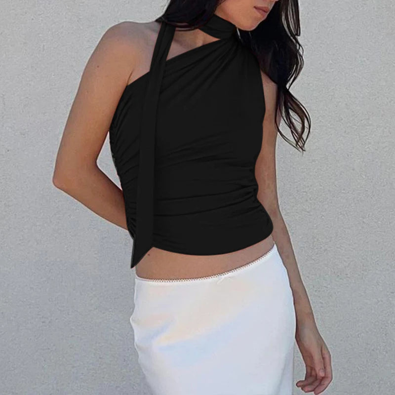 T-shirt Plissé Femme – Col Asymétrique Élégant