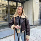Veste courte en faux cuir d'agneau pour femmes