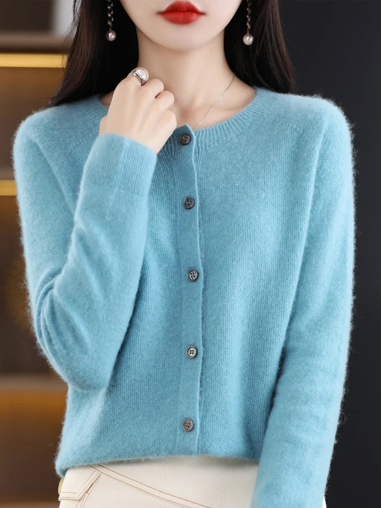 Cardigan à col rond en laine mérinos pour femmes