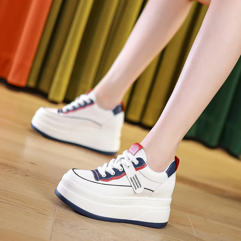 basket à semelle compensées en cuir véritable pour femmes