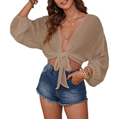 Cardigan Court Femme – Maille Légère, Col V et Manches Longues
