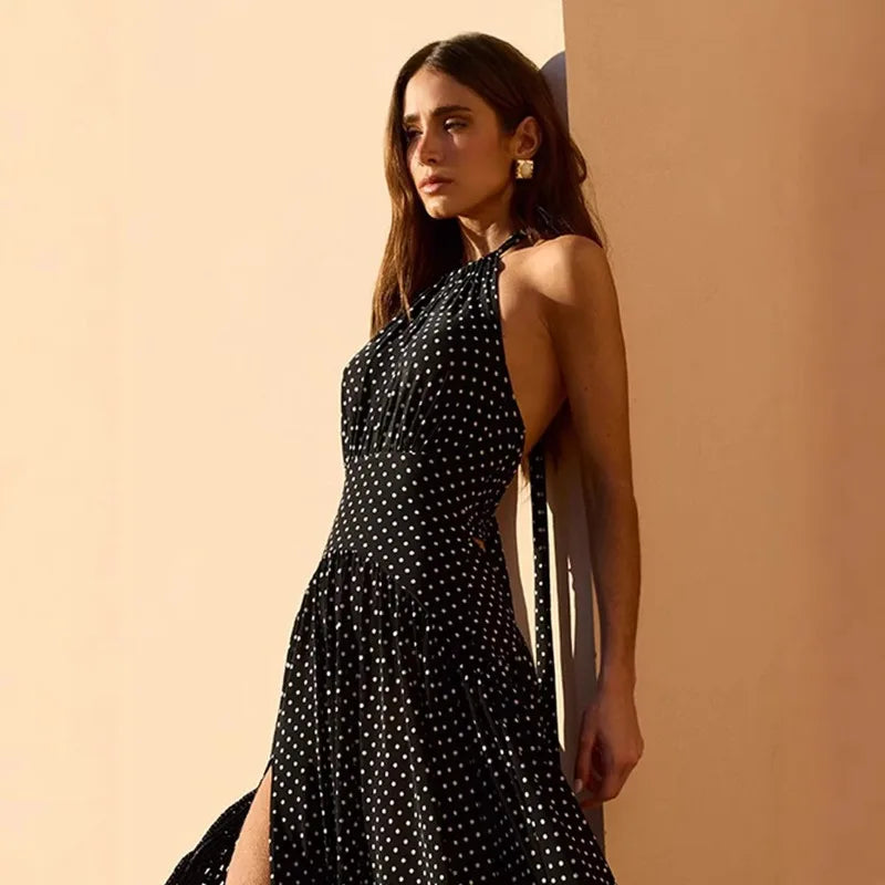 Robe maxi dos nu en dentelle sans manches pour femmes