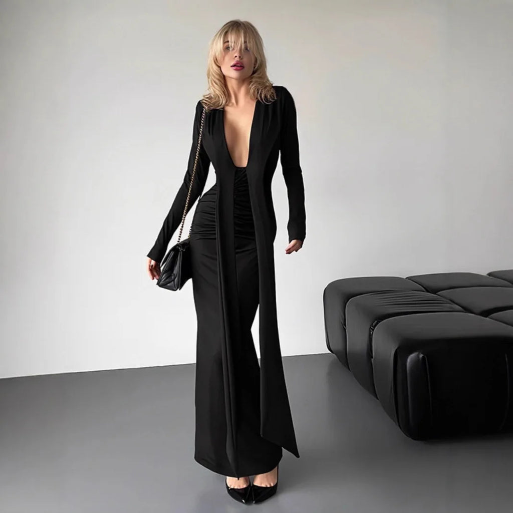 Robe portefeuille moulante à manches longues et décolleté plongeant pour femmes