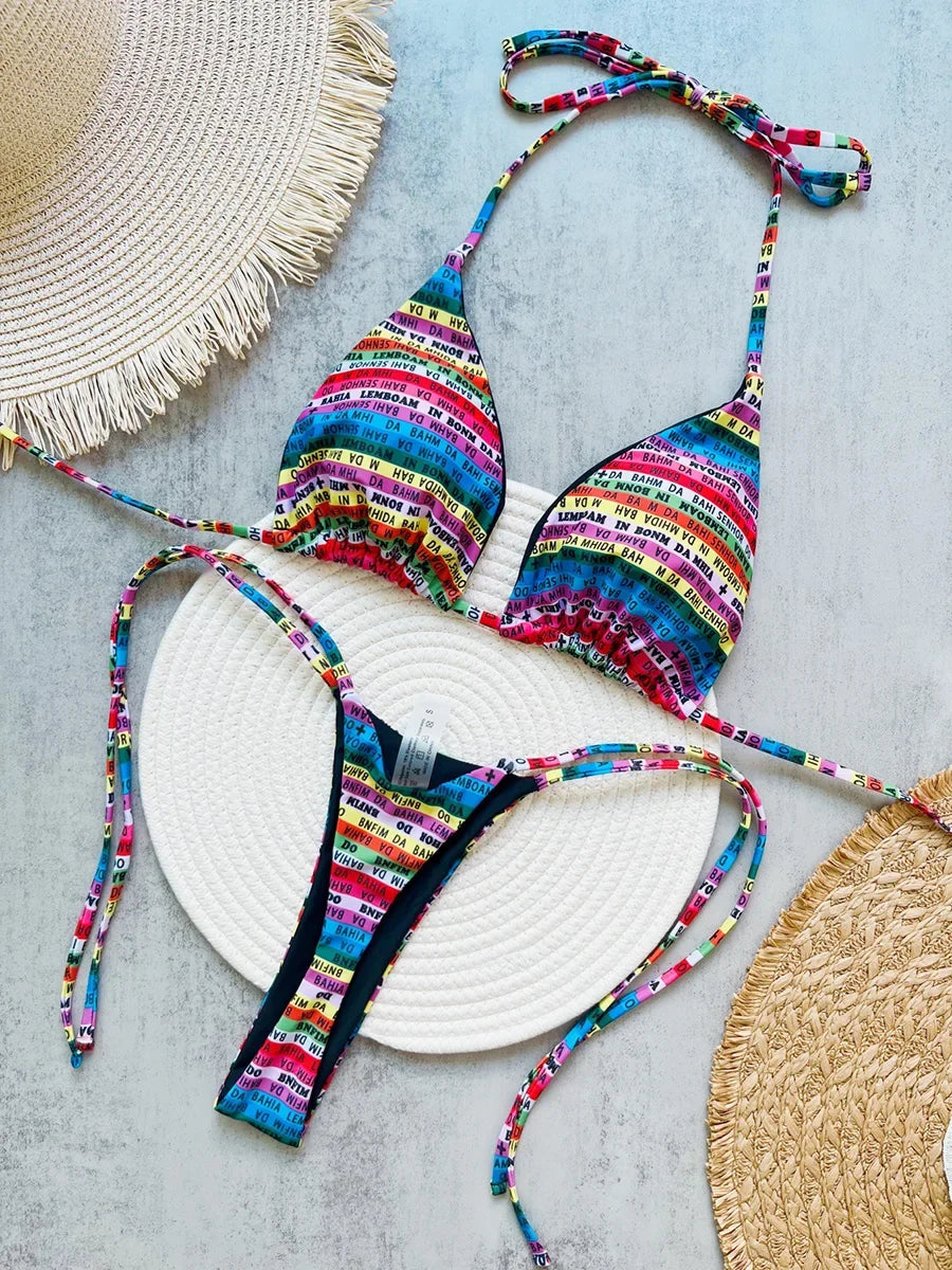 Ensemble de bikini deux pièces micro mini coloré imprimé lettres pour femme