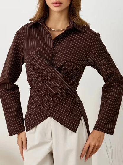 Chemise Rayée Femme – Col à Revers et Blocs de Couleurs