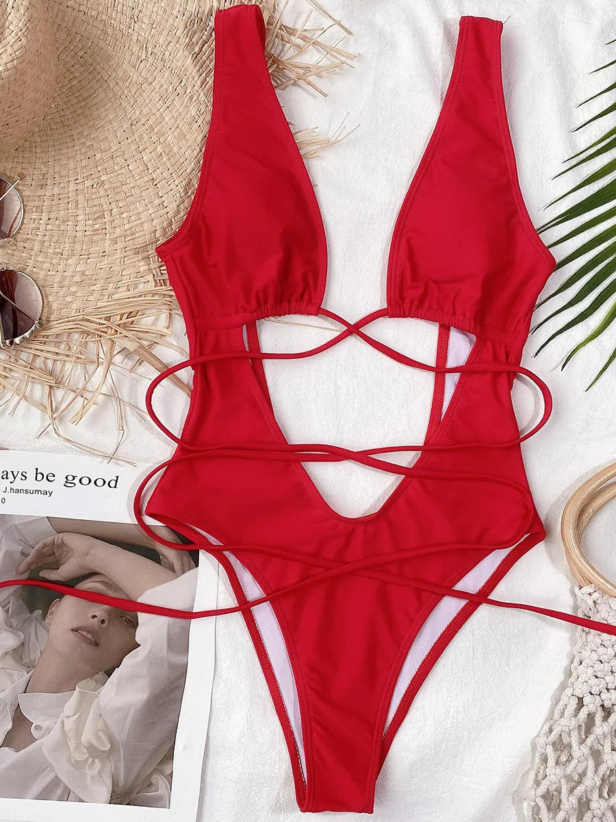 Maillot de bain une pièce décolleté en V profond pour femmes