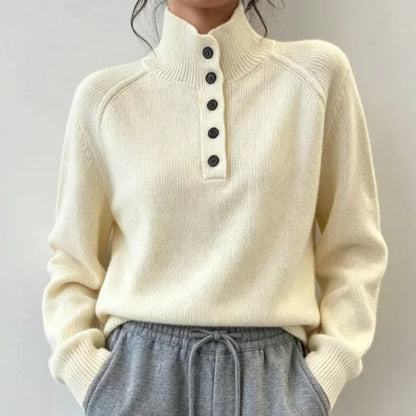 Pull Épais Femme – Col Montant et Demi-Boutonnage