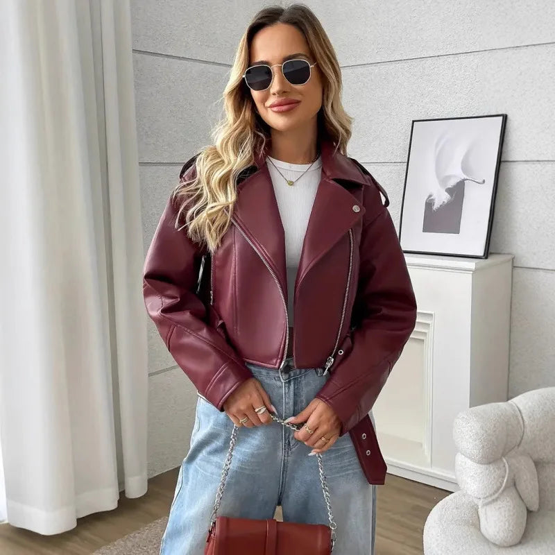 Veste courte en cuir PU pour femmes