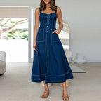 Robe vintage boutonnée à bretelles décontractées pour femmes