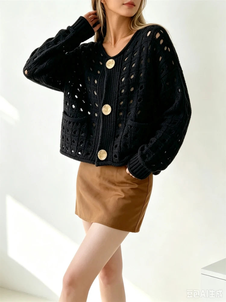 Cardigan Court Ajouré Femme – Maille Unie