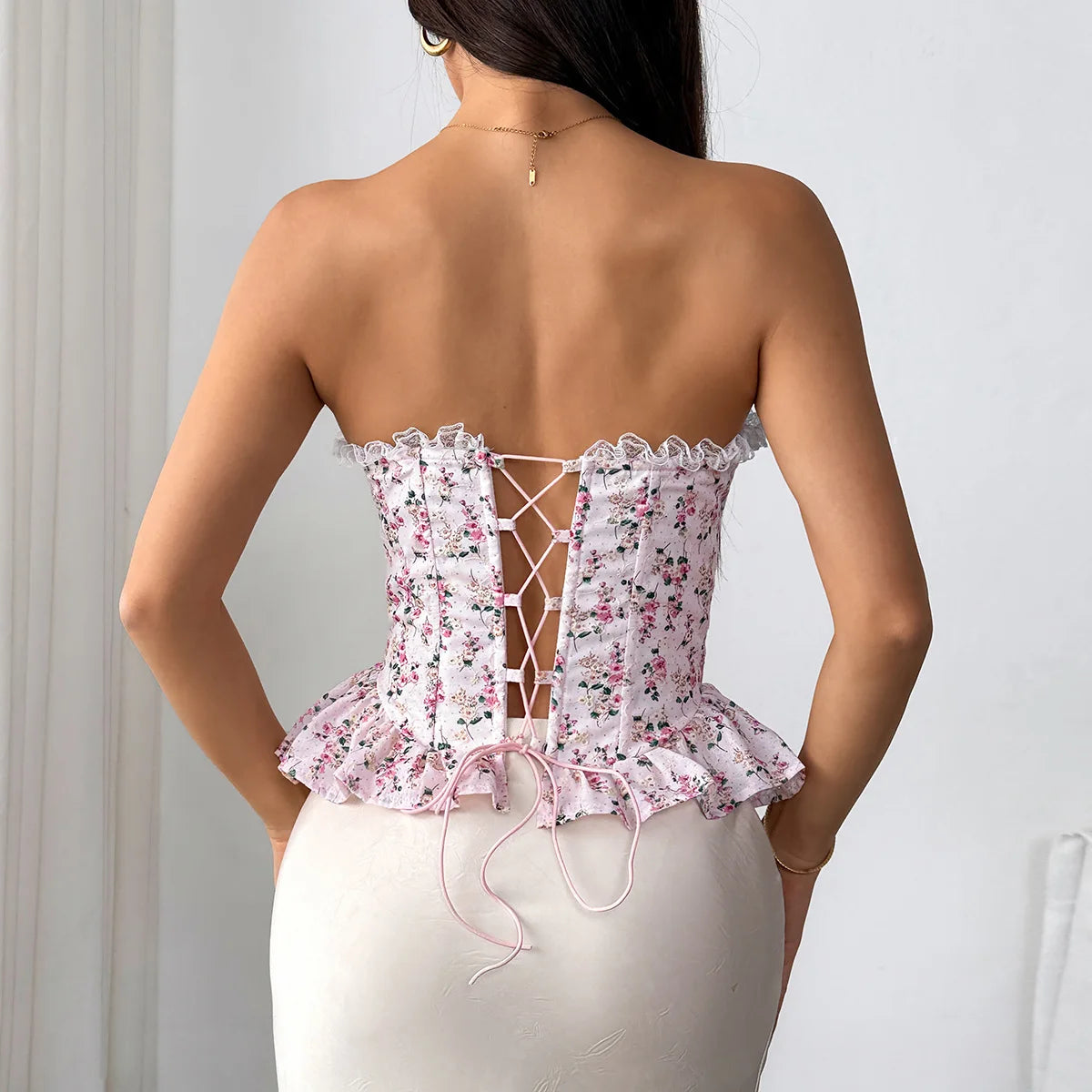 Débardeur Corset Femme – Dentelle Imprimée Sans Bretelles