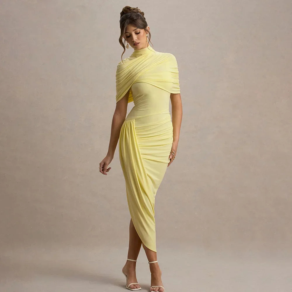 Robe longue froncée à manches mi-longues, dos nu pour femmes