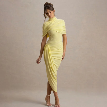 Robe Longue Froncée Femme – Dos Nu et Manches Mi-Longues