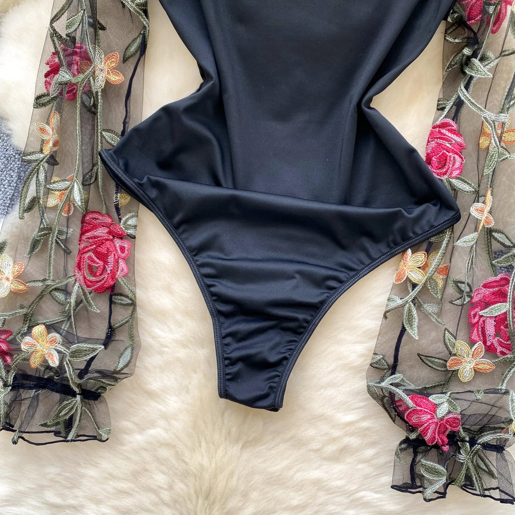 Bodys vintage broderie gaze col montant à manches longues pour femmes