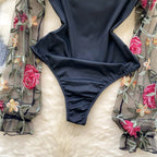 Bodys vintage broderie gaze col montant à manches longues pour femmes