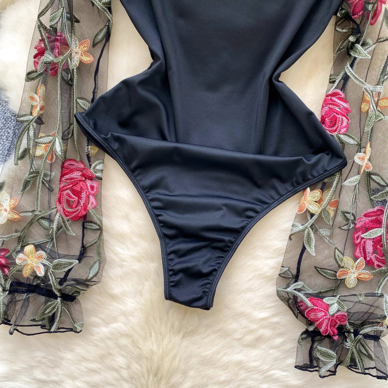 Bodys vintage broderie gaze col montant à manches longues pour femmes