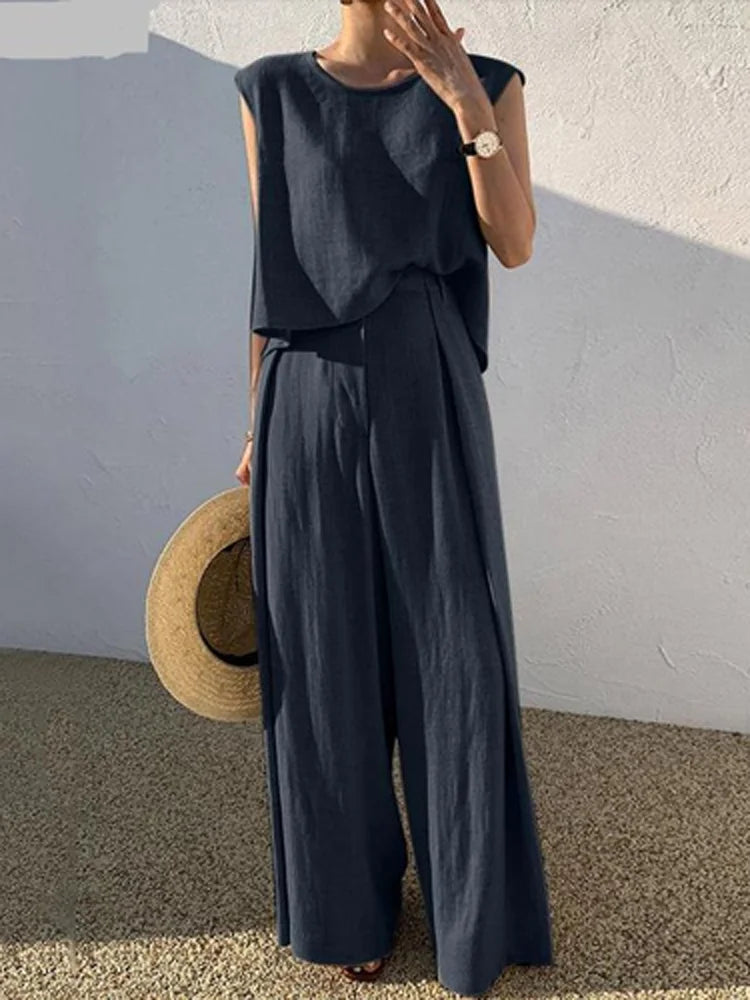 Ensemble deux pièces haut ample à col rond et pantalon à jambes larges pour femmes