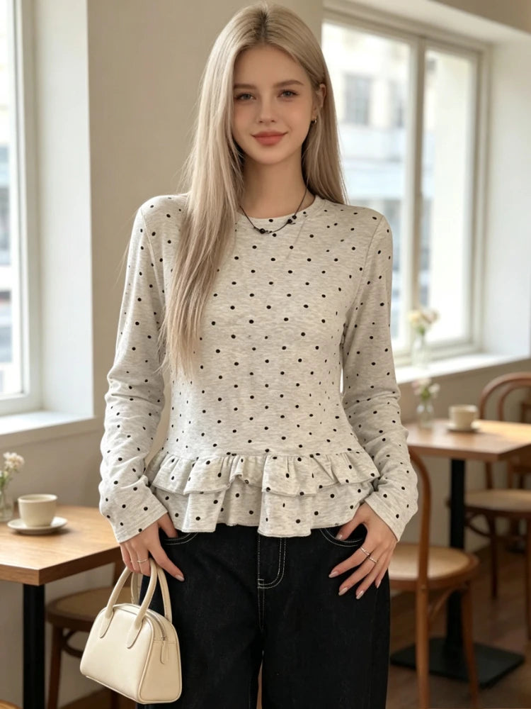 T-shirt à Pois Femme – Manches Longues et Finitions à Volants
