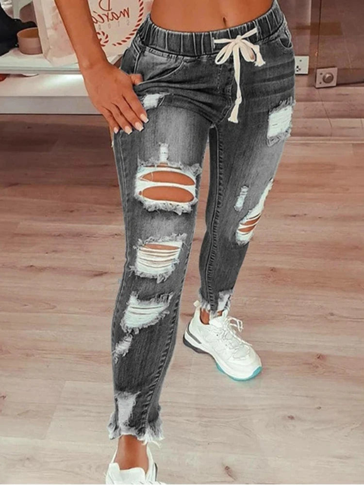 Jean slim déchiré taille mi-haute pour femmes