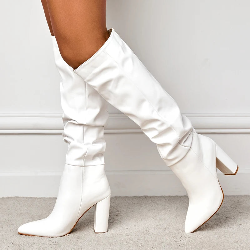 Bottes plissées à talons hauts et épais pour femmes