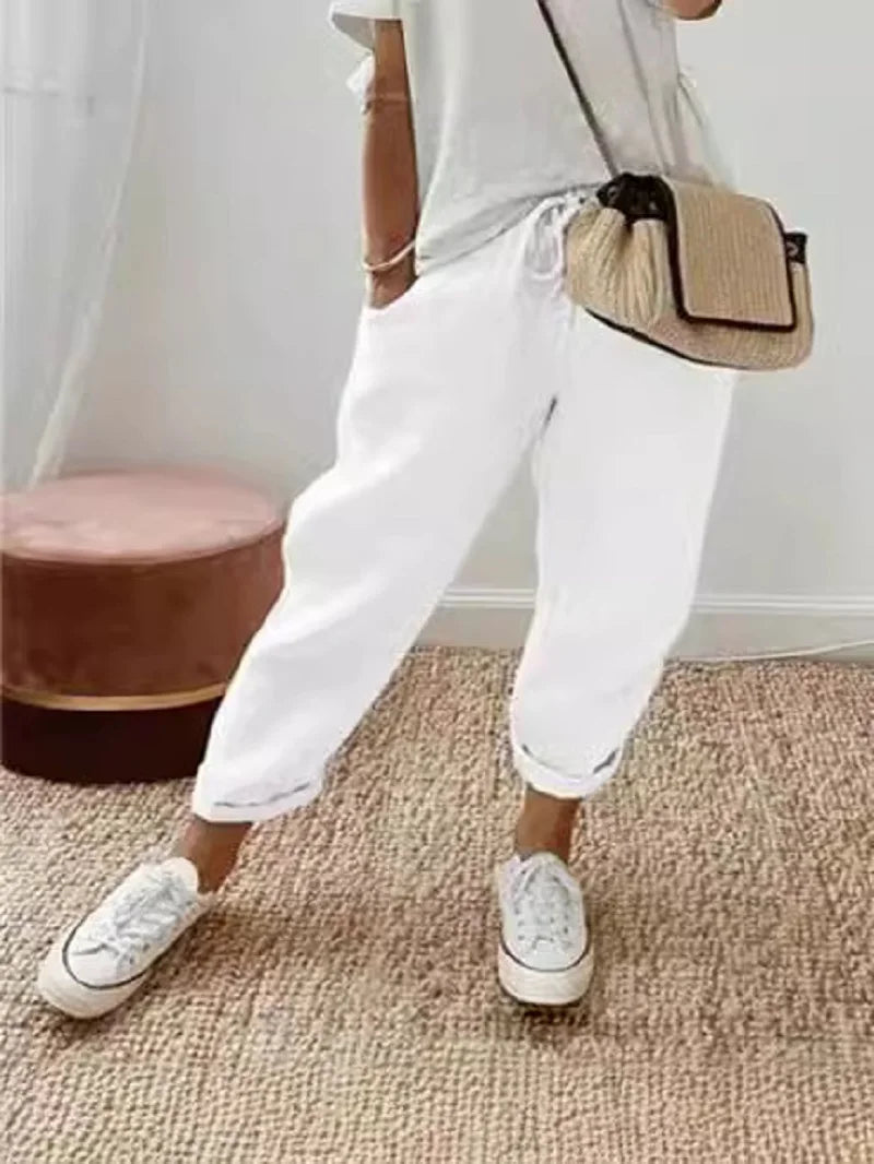 Pantalon court en coton et lin pour femmes