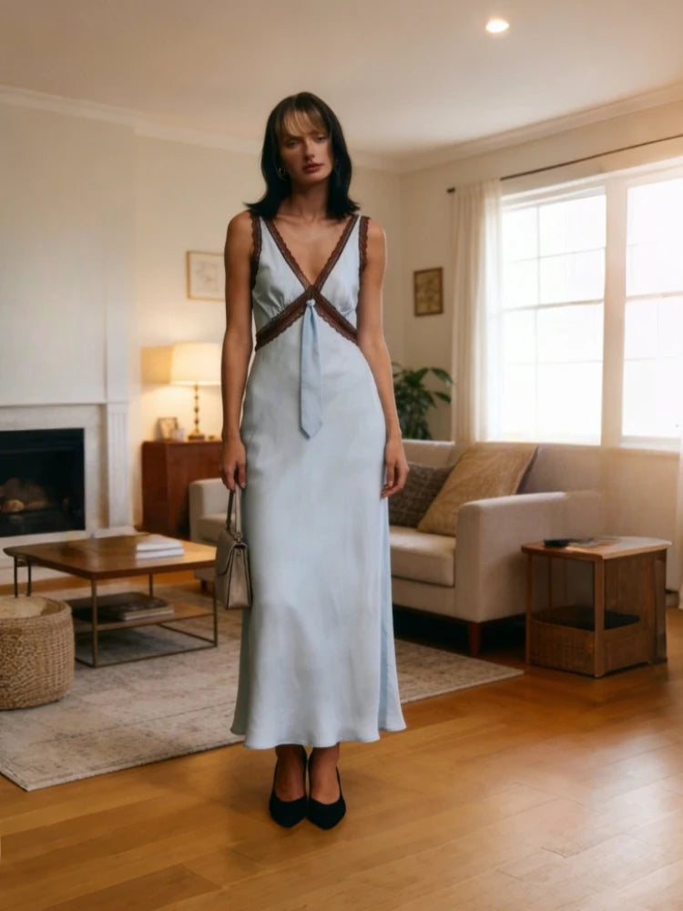 Robe longue en dentelle à col en V pour femmes