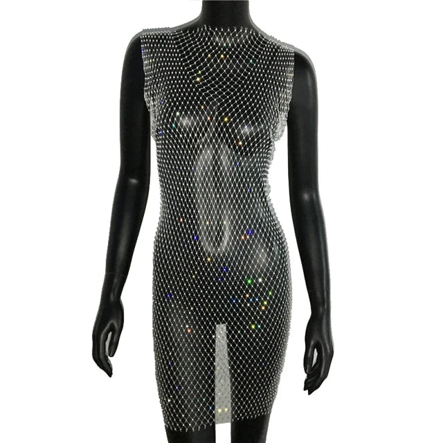 Robe de soirée en résille scintillante, strass, paillettes pour femmes