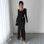 Robe longue en tricot texturé à col irrégulier pour femmes